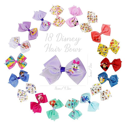 Disney 100th Anniversary Special Hair Accessory for Girls|18pc Disney Hair Bow Clips Featuring Favorite Characters with a String Bag Bow Holder with hanger. For all occasions & ages 3+