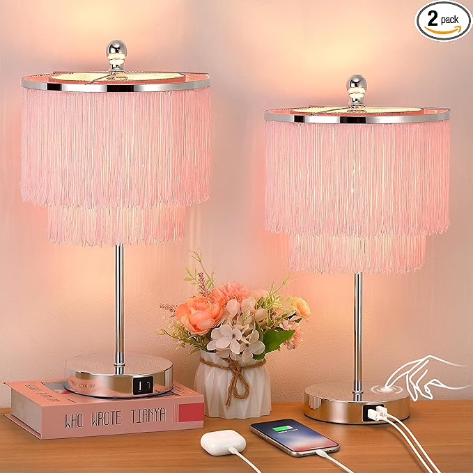 Pink Lamps Set of 2 for Girls Room, 3-Way Dimmable Touch Lamps with USB Port, Girls Lamps with Tassel Lampshade for Bedroom, Living Room, Dresser, Nightstand, LED Bulbs Included