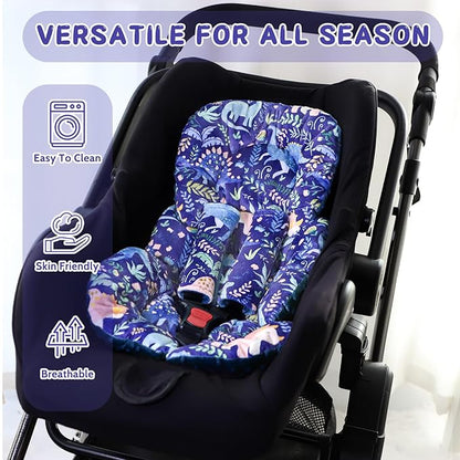 Pea Pod Infant Car Seat Insert with Strap Covers, All in One Reversible Baby Car Seat Head Support for Newborn, 3D Soft Minky Carseat Cushion for Preemie to Infant, Stroller, Swing, Bouncer, Dinosaur