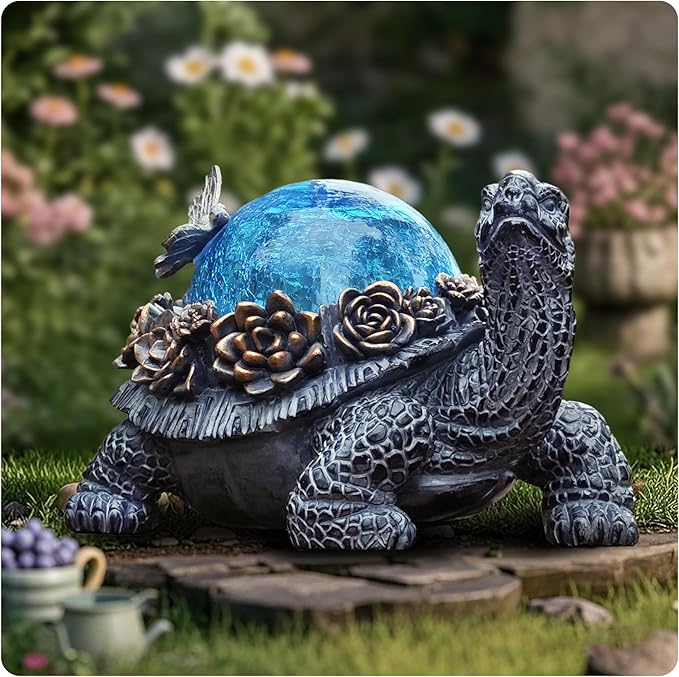 Outdoor Turtle Statue – Resin Animal Figurine with Blue Crystal Solar Lights,Golden Succulent Accents & Dragonfly Decor, Cute Garden Ornament, Yard Art for Lawn, Patio,Mom Wife Unique Gifts