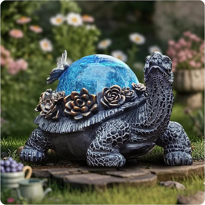 Outdoor Turtle Statue – Resin Animal Figurine with Blue Crystal Solar Lights,Golden Succulent Accents & Dragonfly Decor, Cute Garden Ornament, Yard Art for Lawn, Patio,Mom Wife Unique Gifts