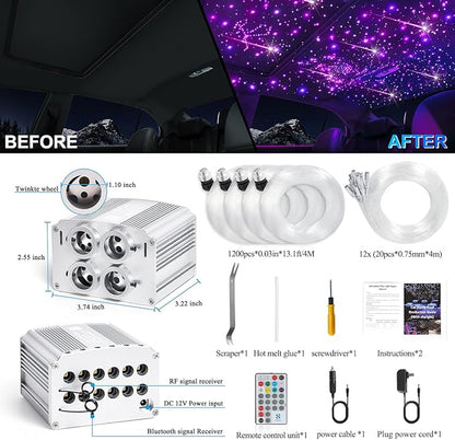 Car Starlight Headliner Kit, 4 Colors 32W Twinkle & Meteor Star Ceiling Lights, 2 in 1 Fiber Optic Light 4 Port Engine 1200pcs*0.03in*13.1ft+240 RGBW Shooting Stars Lights for Car Home Roof Décor