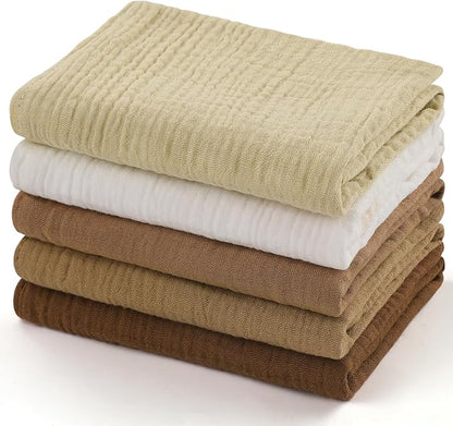 MUKIN Baby Washcloths,Muslin Burp Cloths Towels for Newborns,Absorbent Cotton Bath Face Towel ，5 Pack, 12x12 Inches (Amber Glow)