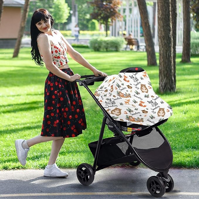 Personalized Baby Car Seat Cover for Boys Girls, Custom Woodland Animals Nursing Covers for Breastfeeding with Name, Infant Stroller Cover, Baby Carseat Canopy for Newborn, Multiuse Car Seat Canopies