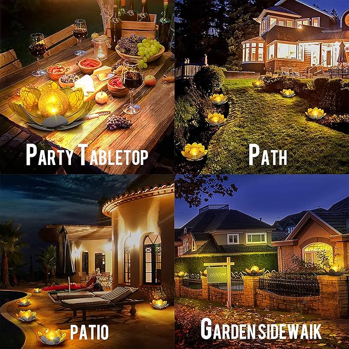 Huaxu Solar Lights Outdoor Garden Decor , Amber Crackle Globe Glass Lotus Decoration,Waterproof Gray Metal Flower Light for Patio,Lawn,Walkway,Tabletop,Ground