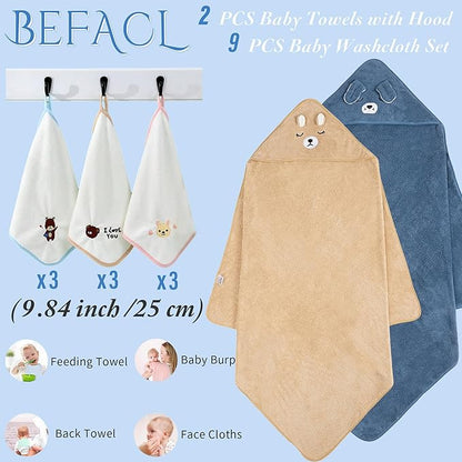 Hooded Towel for Baby, 2 Pack Coral Fleece and 9 Baby Washcloths, Soft and Absorbent Baby Towels Large 35.5x35.5 Inch Shower Towel Gift for Newborns, Infants and Toddlers (Navy Blue Dog+Brown Bear)