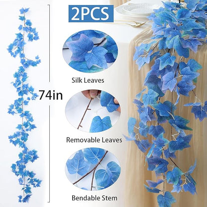 mizii 2 Strands Artificial Vines Blue Ivy Garland 74" Fake Vine with Silk Leaves Faux Hanging Plants Greenery Decoration for Outdoors Wedding Party Indoor Bedroom Home Wall Room Decor (Blue)