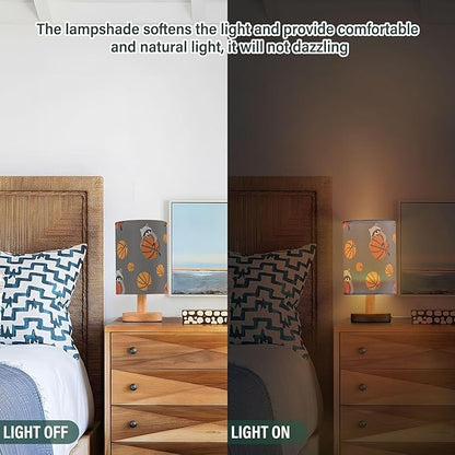 Table Lamp Raccoon Basketball Pattern On Grey Nightstand Lamp with Wood Base Fabric Lamp Shade Bedside Desk Lamp for Living Room Bedroom Kids Room Office