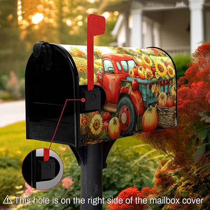 Fall Autumn Pumpkins Mailbox Covers Magnetic Large Size 25.5 X 21 Inch Autumn Harvest Yellow Sunflower Mailbox Wraps Cover Red Truck Thanksgiving Letterbox Cover for Garden Yard Outdoor Decor