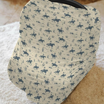 Vintage Western Cowboy Baby Car Seat Covers Retro Cowboy Cactus Horse Stretchy 5-in-1 Cover Adjustable Infant Carseat Canopy Cover Wild Desert Country Breathable Nursing Cover-Up
