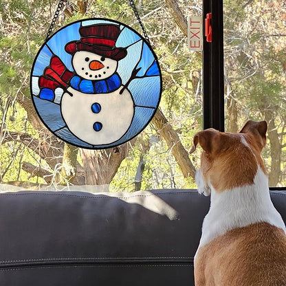 Stained Glass Window Hanging 4 Pcs Set Blue White Christmas Snowman Snowflake 7.8" - Suncatcher Door Garden Sun Catcher Decor Birthday Mother's Day Xmas Gifts for Mom Woman Nana Men