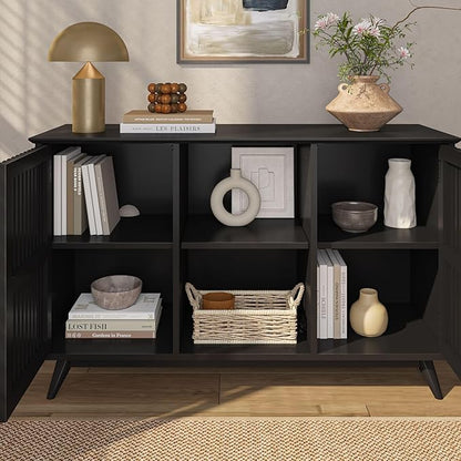 Plank+Beam Mid-Century Modern Wood TV Stand, Solid Wood Entertainment Console with Storage, 49" L x 16" W x 30" H, Black