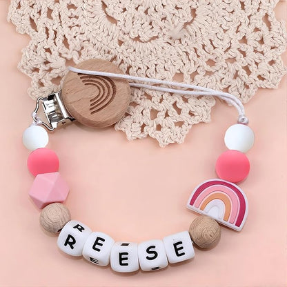 Personalized Pacifier Clip with Name Custom Stroller Clip Silicone Pacifier Chain Holder Clips (Rainbow)