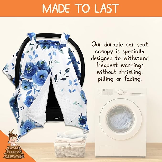 Dear Baby Gear Car Seat Cover for Boys & Girls - Baby Carseat Canopy w/Snap Opening - Infant Seat Cover - Stroller & Nursing Covers - Newborn Carrier Canopy - 40x30"(Blue Watercolor Roses, White Dot)