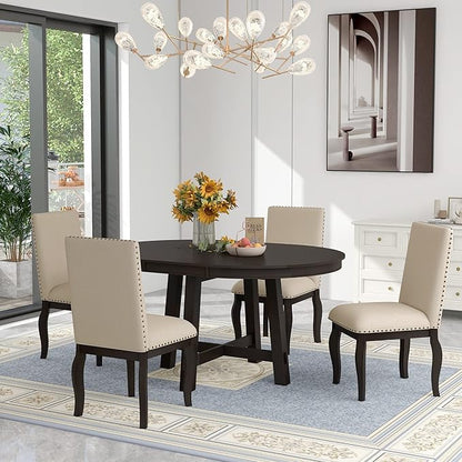 5 Pieces Dining Table Set with 43" Round Extendable Desk,Living Room Furniture W/ 4 Upholstered Curved Legs Chairs,for Restaurant,Home Bistro,Espresso