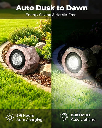 2 Pack Solar Rock Lights Outdoor, Angle Adjustable Solar Lights Outdoor Waterproof, LED Solar Garden Lights, Auto On/Off Landscape Lighting for Yard Pathway Patio Flower Bed - White Glow (Stone Brown)