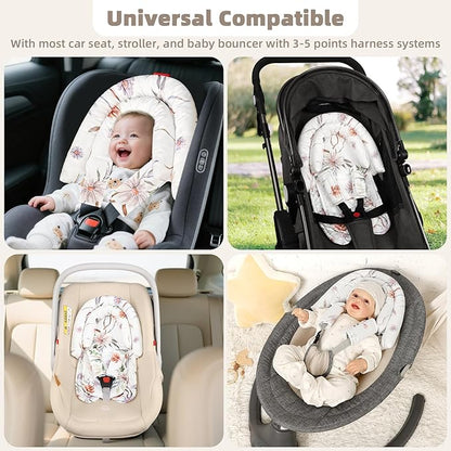 2-in-1 Infant Car Seat Insert, Upgraded Newborn Carseat Insert, Breathable & Soft Baby Car Seat Head Support with 2 Strap Covers for Girls, Perfect for Carseat, Stroller, Swing, White Flower