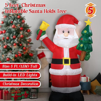 Christmas Inflatables Santa Holds Tree Bell Lighted Yard Lawn Inflatable Decoration with Built-in Fan and Stakes Ropes Holiday Party Decor, Christmas Decor (5FT-Santa Hold Tree & Bell)