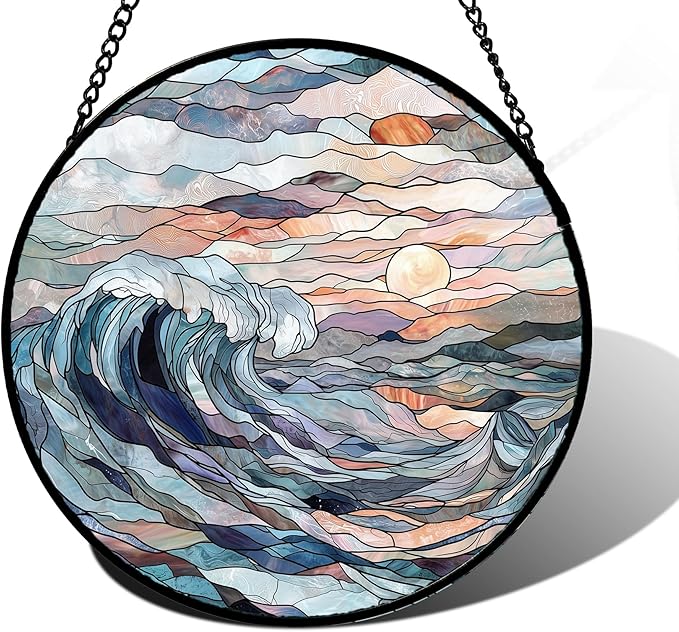 Stained Glass Window Hanging, Sunrise Waves Sun Catchers Diamond Glass Panel Hangings Abstract Suncatcher Decor for Birthday for Women, Men, Wife, Aunt, and Mom 11.8x11.8 in