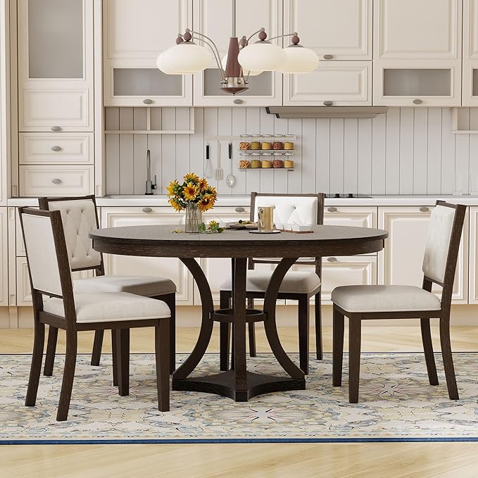 Merax 5-Piece Extendable Round Dining Table Set 42"-58" Retro Functional Table and 4 Upholstered Chairs for Dining Room and Living Room (Espresso)