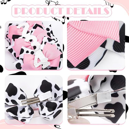 Cow Print Birthday Bow Hair Clip, Pink Farm Animal Theme 1 Year Old Hair Bow Clip Accessory for Toddler Girls Party Baby Shower Decor