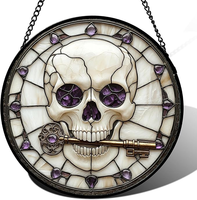 Stained Glass Window Hanging - Halloween Scary Skull Suncatcher for Doors Garden Home Spooky Purple Skeleton Key Sun Catchers Gothic Decor Horror Gifts for Women Men Friend Boy Girl 6.3 in