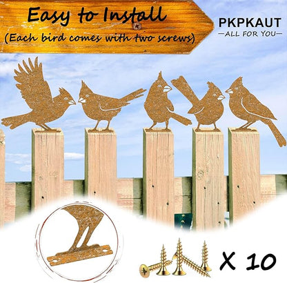 5-Piece Metal Bird Craft Statue Set - Cardinal Silhouettes, Rusty Finished - Perfect for Fence Toppers & Outdoor Decor