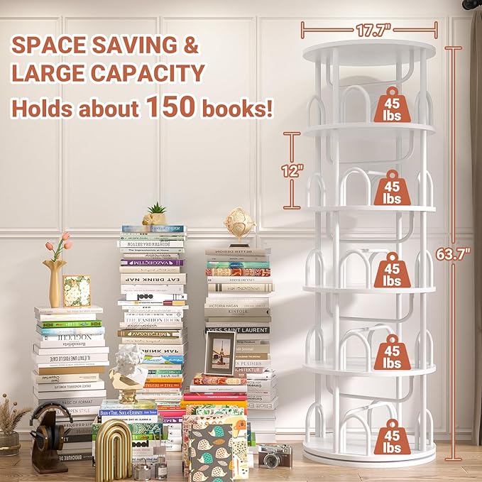 Aheaplus 5 Tier Rotating Bookshelf Tower, 360 Display Spinning Bookcase, Revolving Round Book Shelf Narrow Swivel Bookshelf, Vertical Turning Spiral Corner Book Organizer for Small Space, White