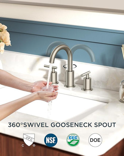FORIOUS 8 In Widespread Brushed Nickel Bathroom Faucet 3 Hole with Metal Pop Up Drain and 24 Inch Supply Hose, 2 Handle 3 Hole Vanity Faucet for Bathroom Sink Brush Nickel with 360 Degree Swivel Spout