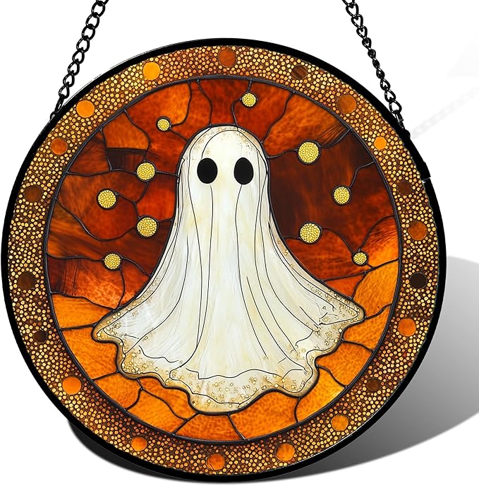 Stained Glass Window Hanging - Halloween Decorations White Ghost Suncatcher for Doors Garden Indoor Spooky Funny Orange Sun Catchers Gothic Decor Horror Gifts for Women Men Friend 9.8 in