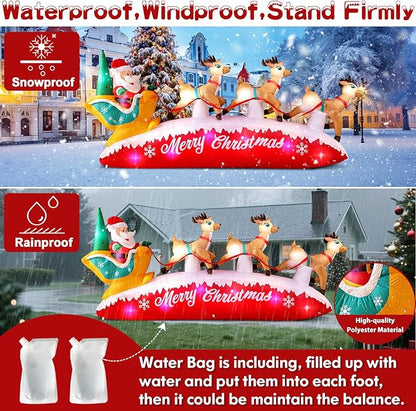 10FT Long Christmas Inflatables Santa Claus with Reindeer Sleigh Outdoor Decorations, Build-in Rotating Colorful LEDs Santa Blow up Yard Decoration for Holiday Xmas Party Indoor Lawn Christmas Eve