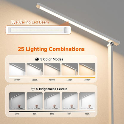 ShineTech LED Desk Lamp for Home Office, Dimmable Desk Light with 25 Lighting Combinations and USB Port, Memory and Timer Folding Reading Light for Study Nightstand, White