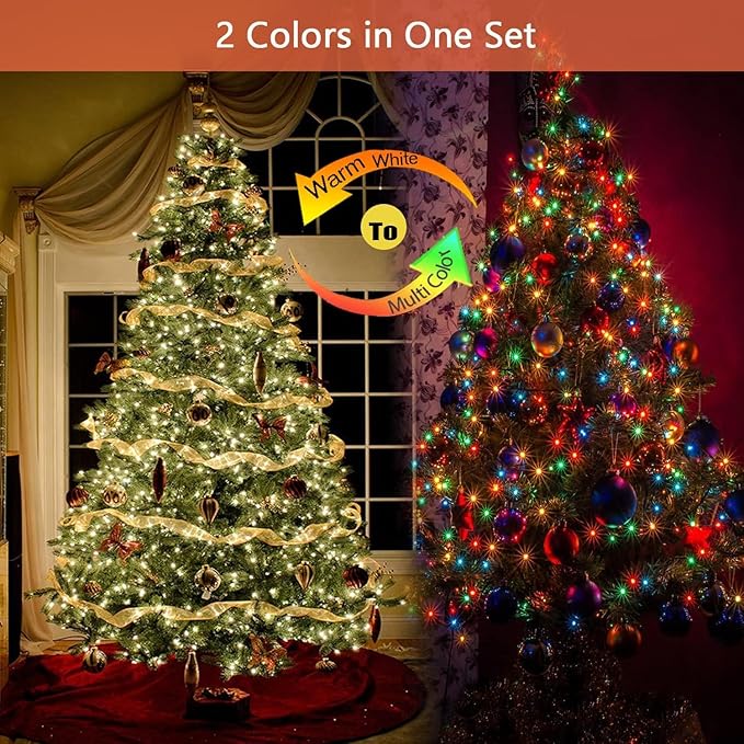 2 Pack 480 LED Solar Chrismas Lights Outdoor, 170 FT Solar String Lights for Outside with 8 Modes & Memory Function, Waterproof Twinkle Light for Xmas Tree Party Decorations (Warm White & Multicolor)