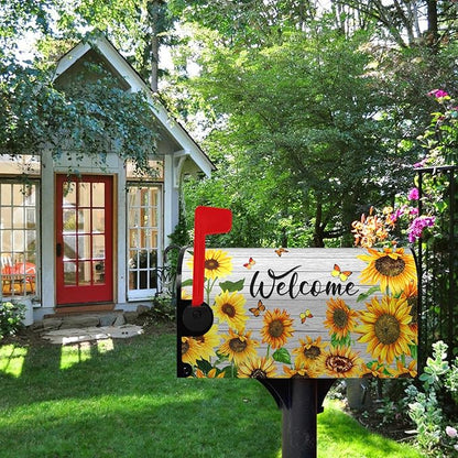 Summer Sunflowers Welcome Mailbox Covers Magnetic Standard Size Yellow Flower Mailbox Post Cover Spring Floral Mailbox Wraps Outdoor Decor for Garden Yard 21x18 Inch