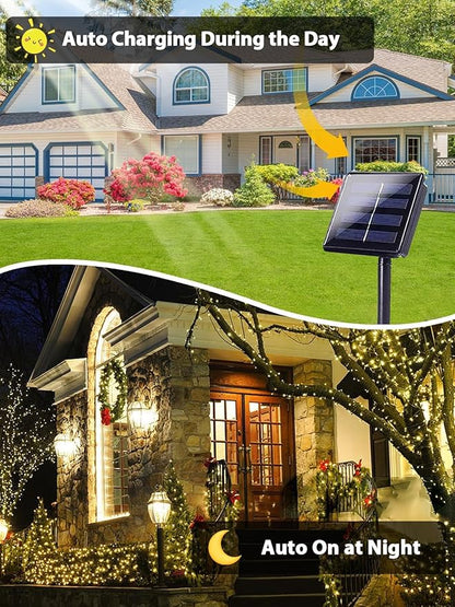 2 Pack Total 400 LED Solar Christmas Lights Outdoor, Solar String Lights for Outside with 8 Modes, Waterproof Green Wire Solar Powered Tree Light for Xmas Party Yard Garden Decorations (Warm White)