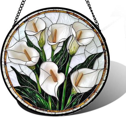 Stained Glass Window Hanging, White Calla Lily Flowers Sun Catchers Glass Panel Plant Suncatcher Decor for Birthday for Women, Men, Wife, Aunt, and Mom 7.8 in