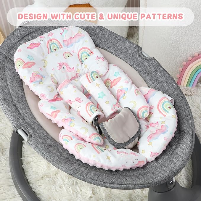 Pea Pod Infant Car Seat Insert with Strap Covers, All in One Reversible Baby Car Seat Head Support for Newborn, 3D Soft Minky Carseat Cushion for Preemie to Infant, Stroller, Swing, Bouncer, Unicorn