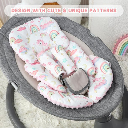 Pea Pod Infant Car Seat Insert with Strap Covers, All in One Reversible Baby Car Seat Head Support for Newborn, 3D Soft Minky Carseat Cushion for Preemie to Infant, Stroller, Swing, Bouncer, Unicorn
