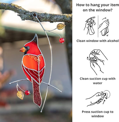 Hummingbird Cardinal Birds Stained Glass Suncatcher Genuine Stained Glass Window Hangings Unique Indoor Ornament & Outdoor Decor (Golden Cardinal)