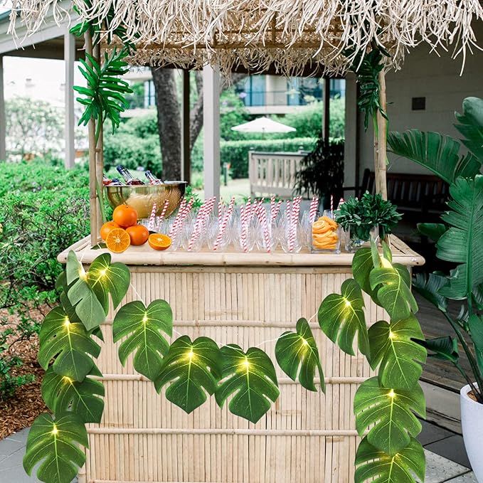 RECUTMS Artificial Tropical Palm Leaves String Lights, Large Size 20 LED Monstera Leaf Wall Hanging Vine Greenery,Outdoor Indoor Hawaiian Luau Jungle Beach Safari Baby Shower Party Spring Summer Decor