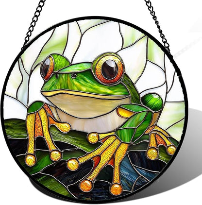 Stained Glass Window Hanging, Green Frog White Petals Sun Catchers Colorful Glass Panel Cute Suncatcher Decor for Birthday for Women, Men, Wife, Aunt, and Mom 14.9x14.9 in