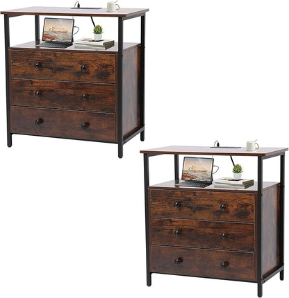 3 Wooden Drawers Nightstand, 27 Inch Wide Night Stand Set 2 with Charging Station and Adjustable Drawers, Bedside Table for Living Room/Bedroom/Office, Retro Brown.