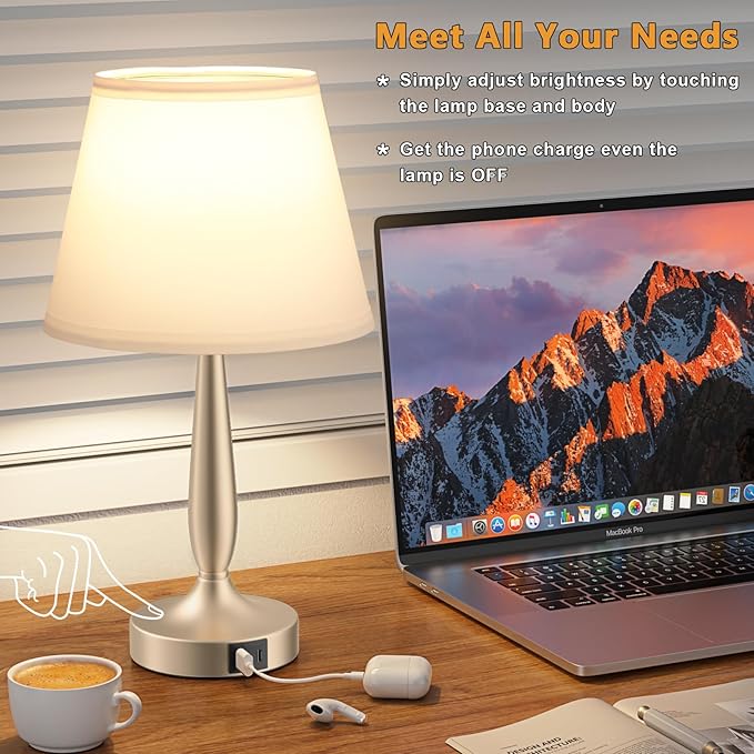 Kakanuo Touch Table Lamp for Bedroom, Small Bedside Lamp with USB C Charging Port, 3 Way Dimmable Touch Control Nightstand Lamp for Living Room, White Shade and Champagne Gold Base