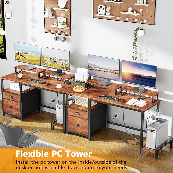 Furologee 47" Computer Desk with File Cabinet and Power Outlets, Home Office Desk with 2 Monitor Stands and Storage Drawer, Writing Gaming Table with Shelves and 2 Hooks for Bedroom, Rustic Brown