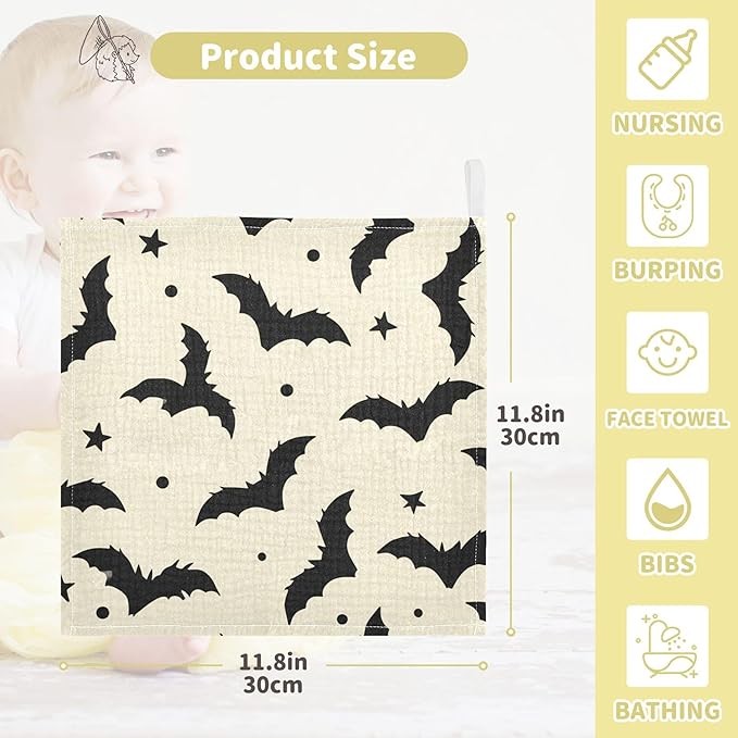 Burbuja Flying Bats Baby Washcloths - Muslin Cotton Soft Absorbent Baby Towel for Newborn Baby Sensitive Skin - Baby Essential Item, 12x12 in, 5 Pack