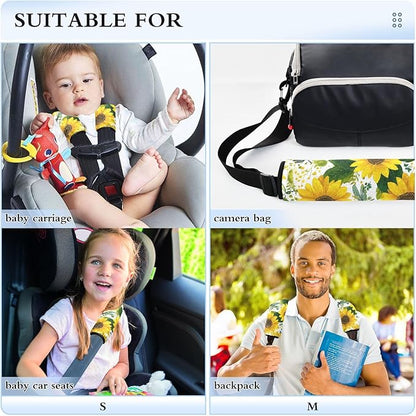 2 Pack Seatbelt Covers Seat Belt Cover Pad for Adults Boys Girls Car Seat Strap Covers Pads Cushion Universal Shoulder Strap Pad Protector for Backpack Camera Bag 6.5 Inch Cute Yellow Sunflowers and D