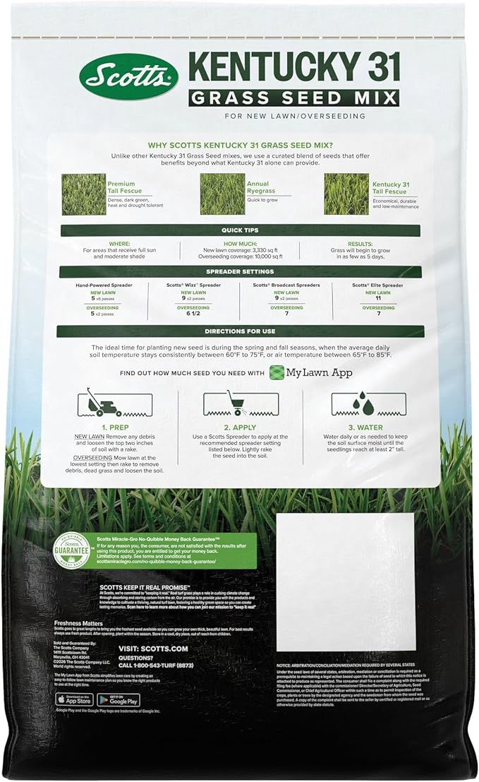 Scotts Kentucky 31 Grass Seed Mix for New Lawns or Overseeding, Grows Thicker and Greener vs. Other Kentucky 31 Mixes, Covers up to 10,000 sq. ft.