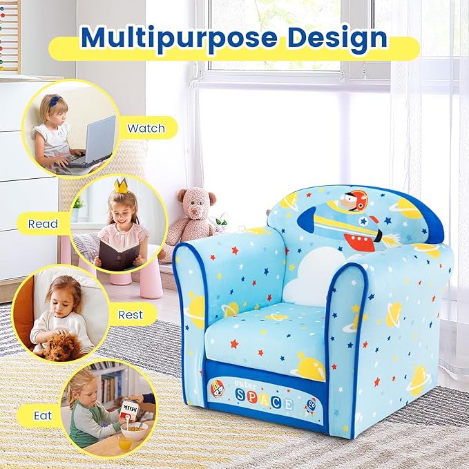 Costzon Kids Couch, Children's Sofa Armrest Chair with Pattern, Toddler Furniture w/Sturdy Wood Construction, Preschool, Lightweight Kids Couch Sofa Chair for Aged 1-5 Boys & Girls Gifts, Airplane