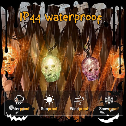 GOOTHY Halloween Skull String Lights 8.5Ft Outdoor Halloween Decorations Lights with 10 LED Orange Purple Green Skeleton Light, Plug in Skeleton Lights for Indoor Party Window Patio Bedroom Decor