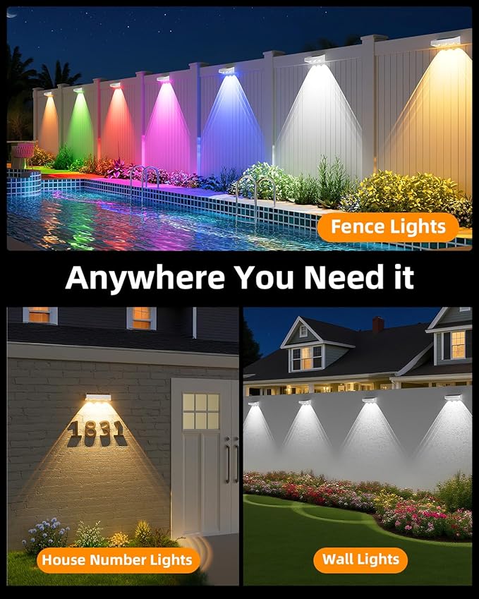 JOFIOS Solar Fence Lights Outdoor, 9 Fixed Colors ＆ Color Changing Fence Lights Solar Powered Waterproof IP65 Dusk-to-Dawn LED Deck Lighting for Patio, Railing, Pool, Porch, Backyard, Wall, 12 Pack